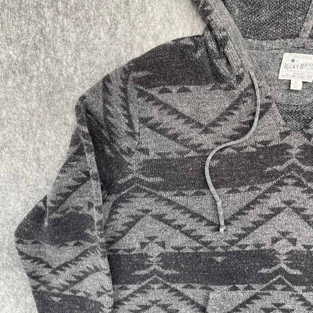 Lucky Brand Sweater Mens XL Gray Black Southwestern Geometric Knit Aztec Print